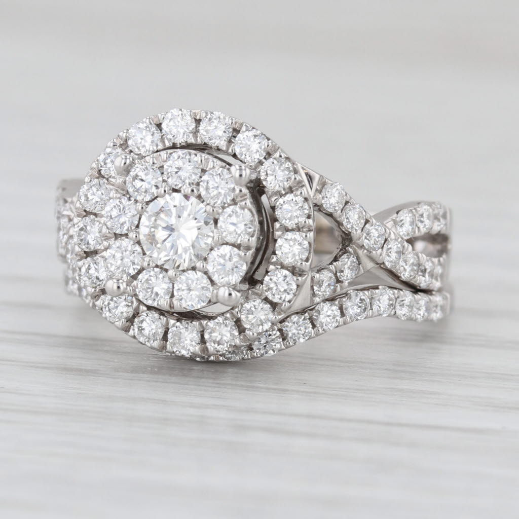 1.28ctw Round Diamond Halo Engagement Ring Wedding Band Set 14k Gold Size 7