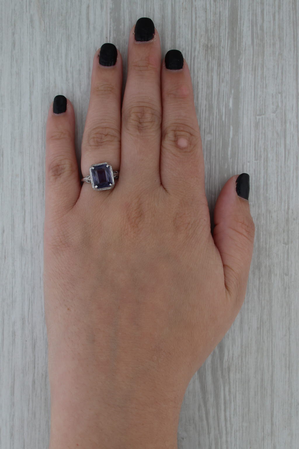 Art Deco 3.90ct lab Created Color Change Sapphire Solitaire Ring 18k White Gold