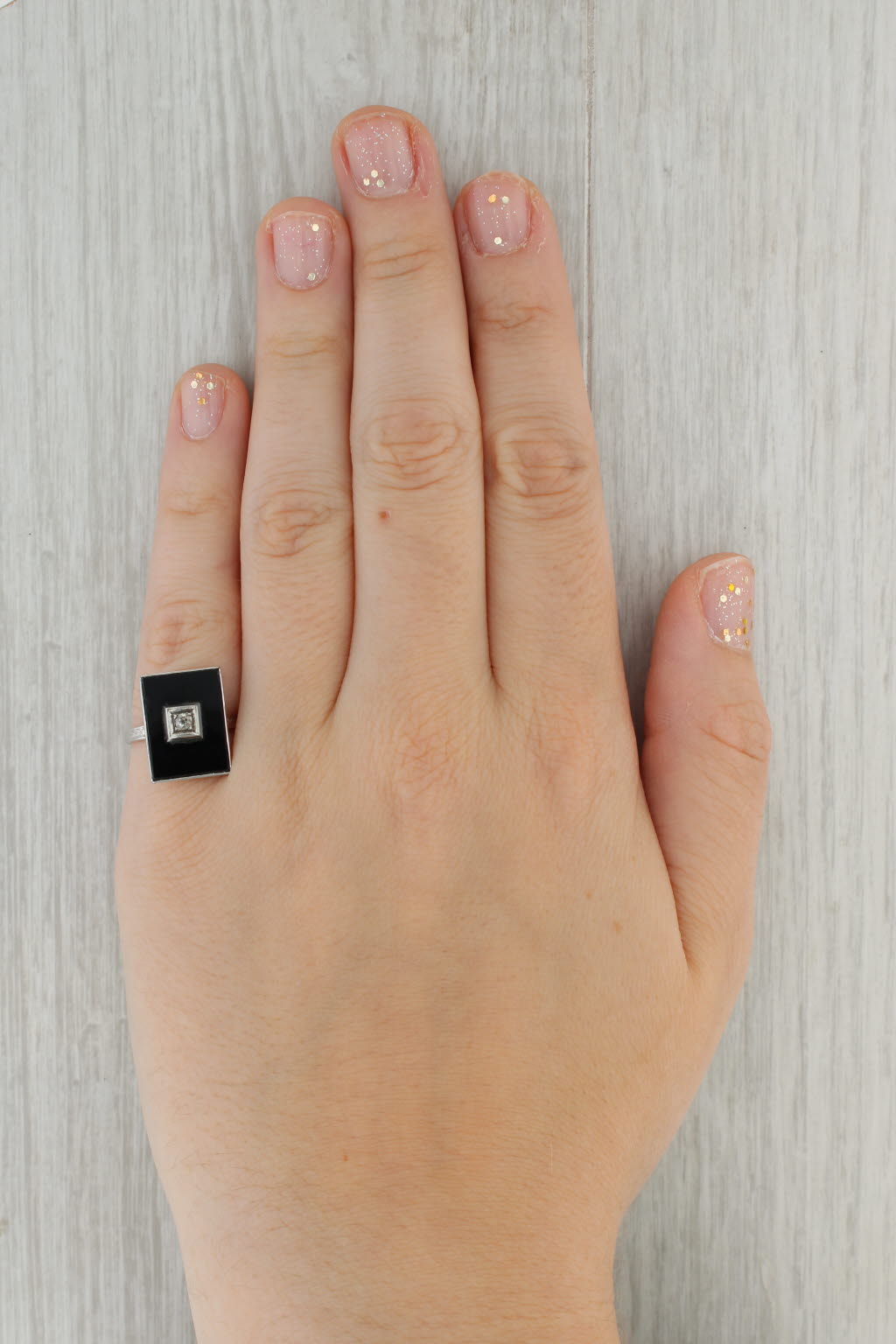 Tan Onyx Diamond Signet Ring 14k White Gold Vintage Wheat Band Size 6.25