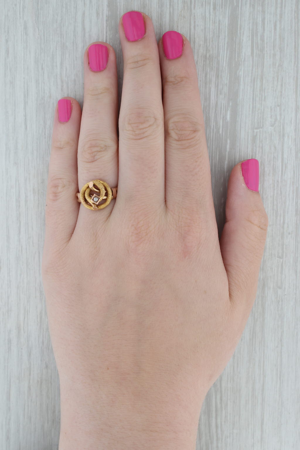 Dark Gray Antique Coiled Knot Snake Ring 14k 10k Gold Imitation Pearls size 7.5