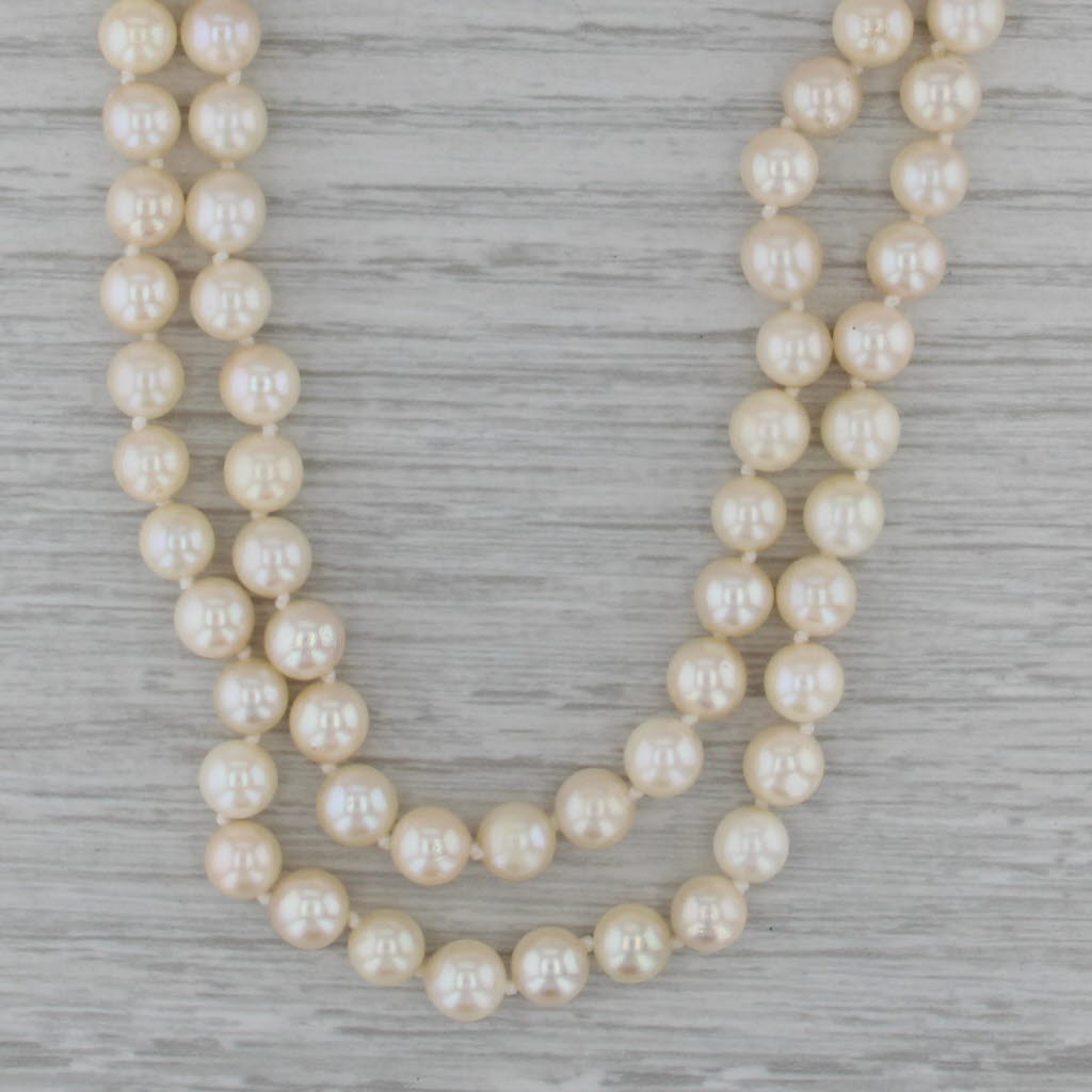 Vintage Cultured Pearl Bead Necklace Sapphire Flower Clasp 14k Gold 2 Strand