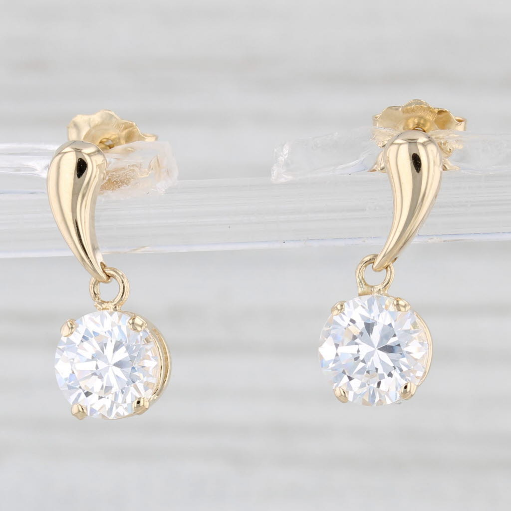 Light Gray Cubic Zirconia Drop Earrings 14k Yellow Gold Round Solitaire Dangles