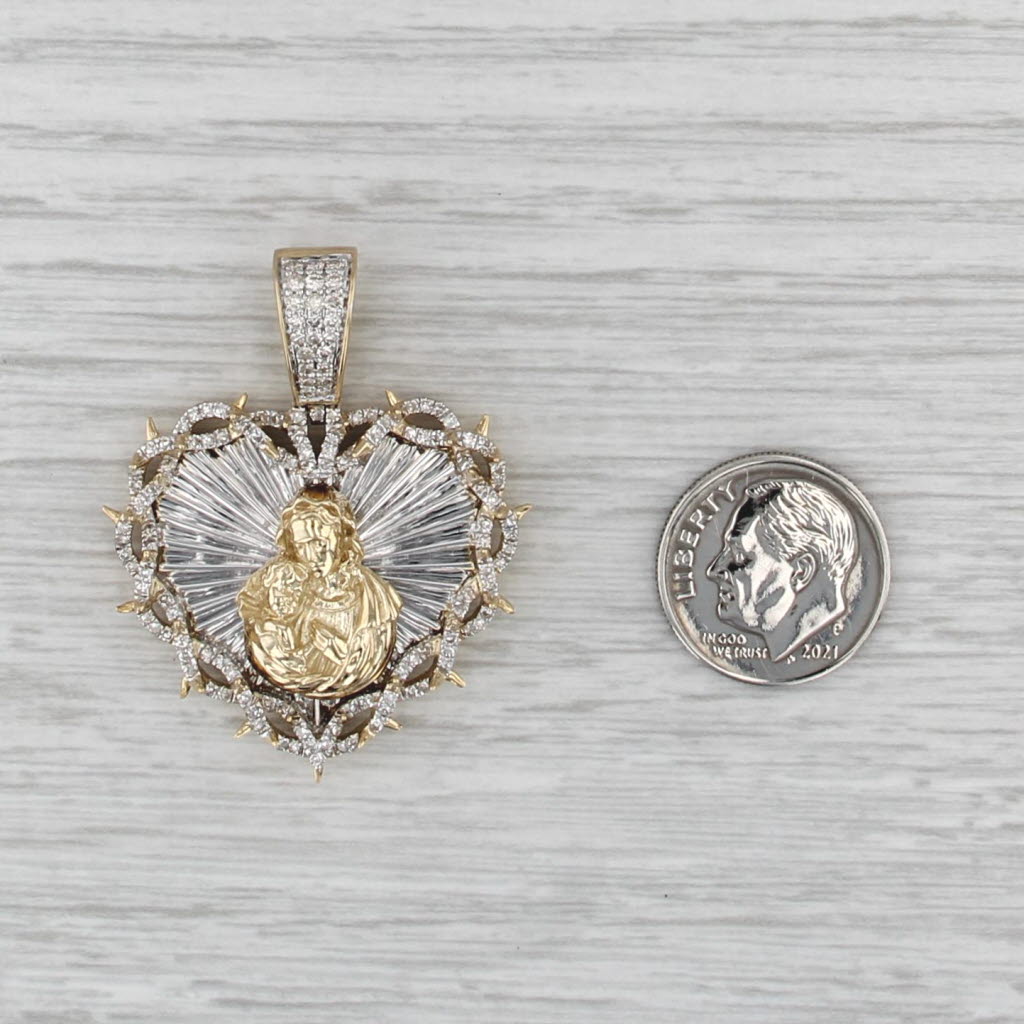 Mother Mary Holding Jesus Heart Pendant 0.71ctw Diamond 10k Gold Engravable