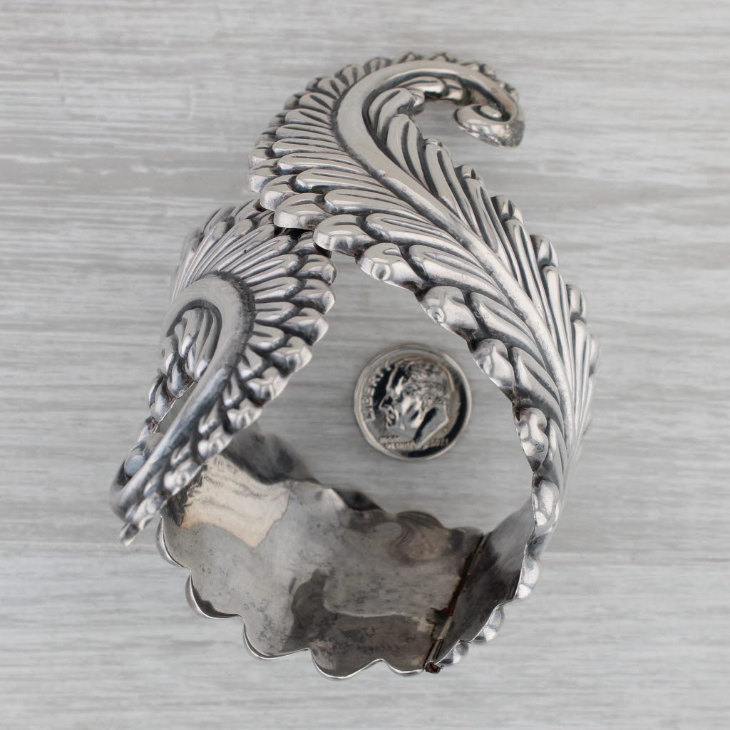 Gray Large Vintage Ornate Leaf Cuff Bracelet Sterling Silver Mexico Bypass Clamper