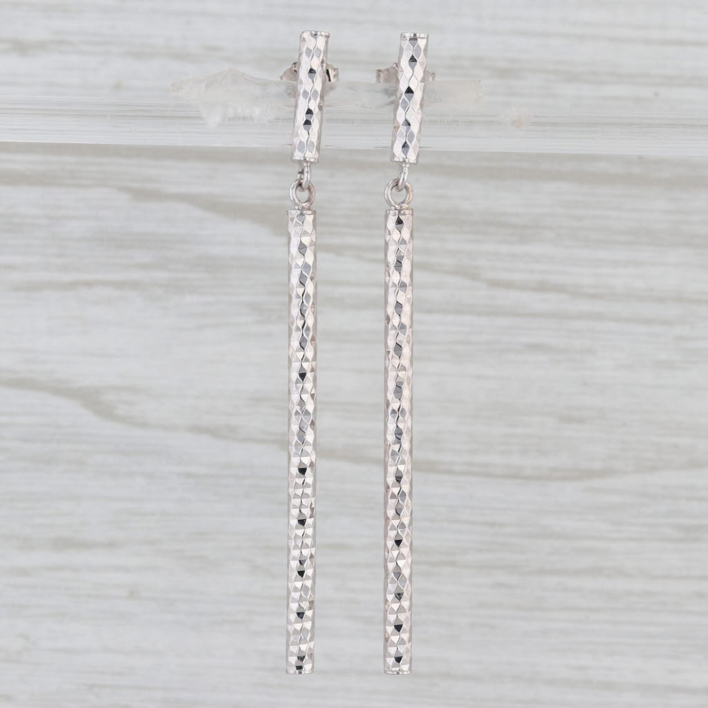 Diamond Cut Tube Dangle Earrings 14k White Gold Drops