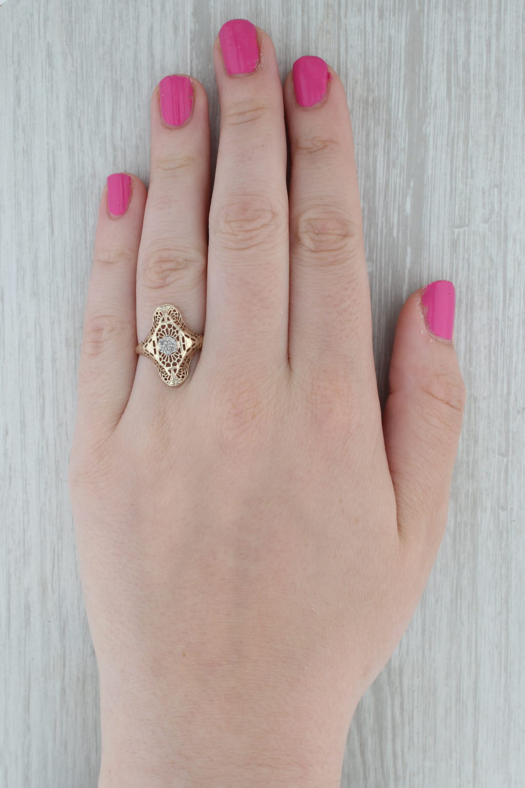 Dark Gray Vintage Art Deco Diamond Filigree Ring 10k Yellow Gold Size 8