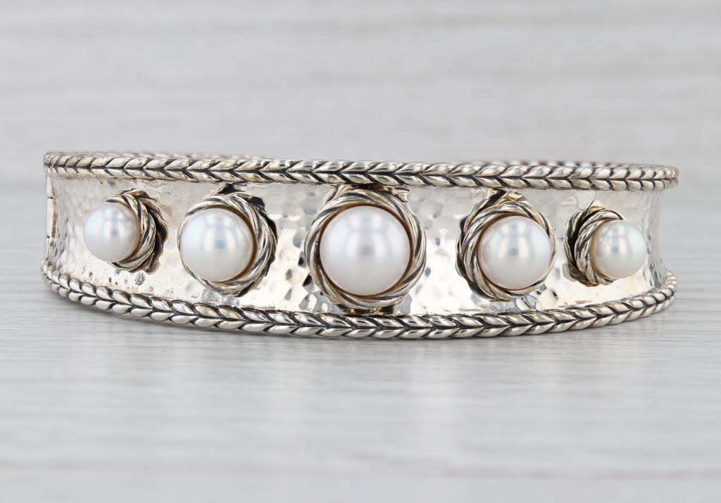 Jia John Hardy Cultured Pearl Hinged Cuff Bracelet Sterling Silver Divers 7.5"