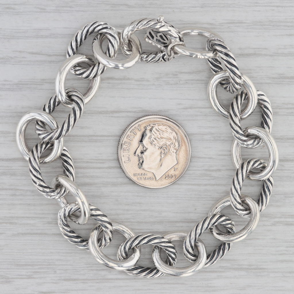 Gray David Yurman Oval Cable Link Bracelet Sterling Silver 7" 11.5mm DY Charm
