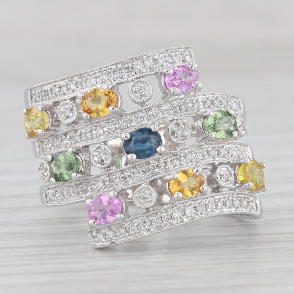 Light Gray 2.38ctw Sapphire Diamond Layered Cocktail Ring 14k White Gold Size 9 Benham