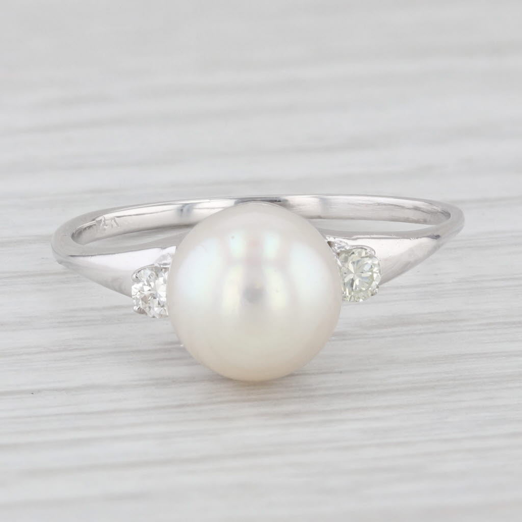 Light Gray Vintage Pearl Diamond 14K White Gold Size 9 Ring