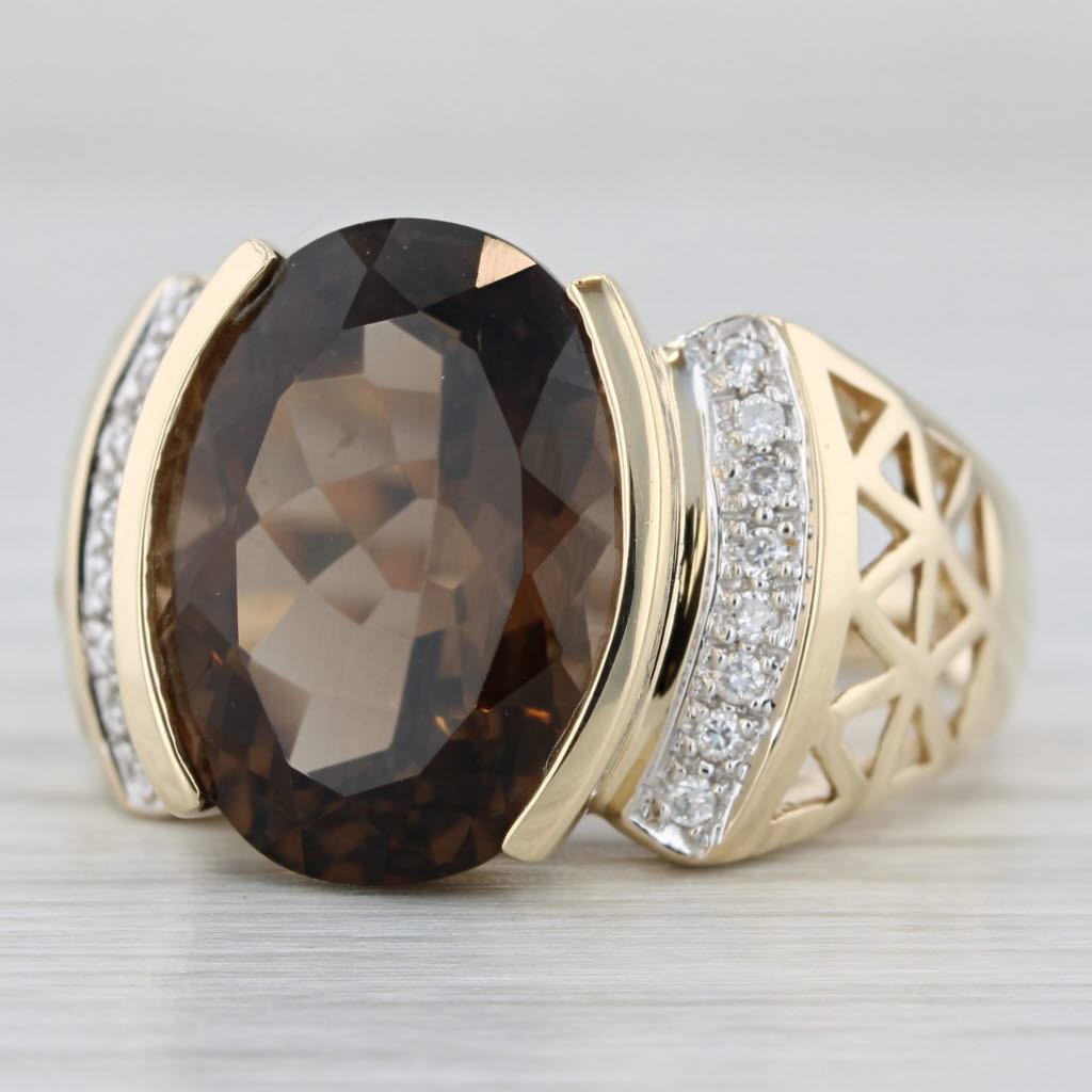 Light Gray 9.10ctw Smoky Quartz Diamond Ring 14k Yellow Gold Size 9.25