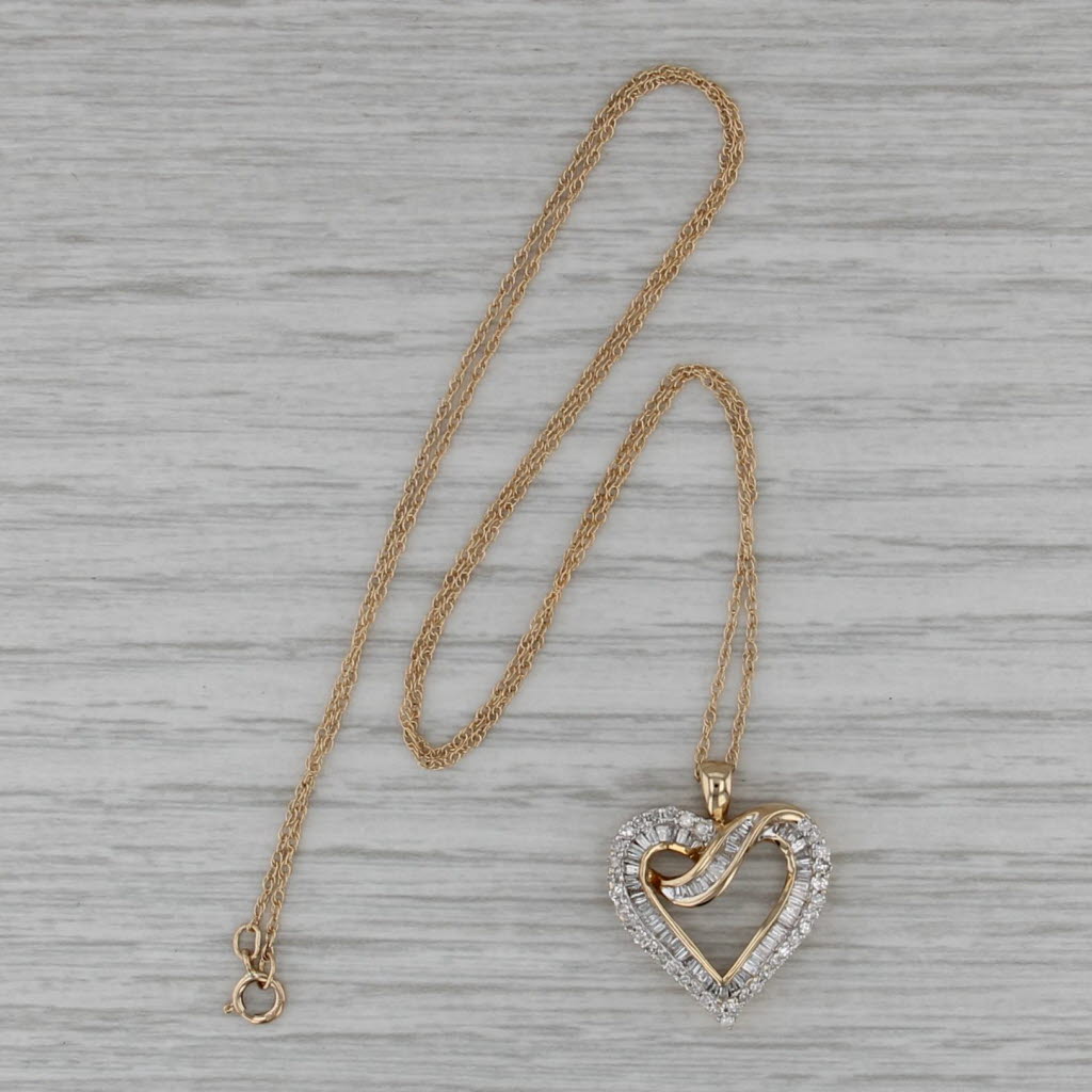 0.90ctw Diamond Open Heart Pendant 14k Yellow Gold 18" Rope Chain