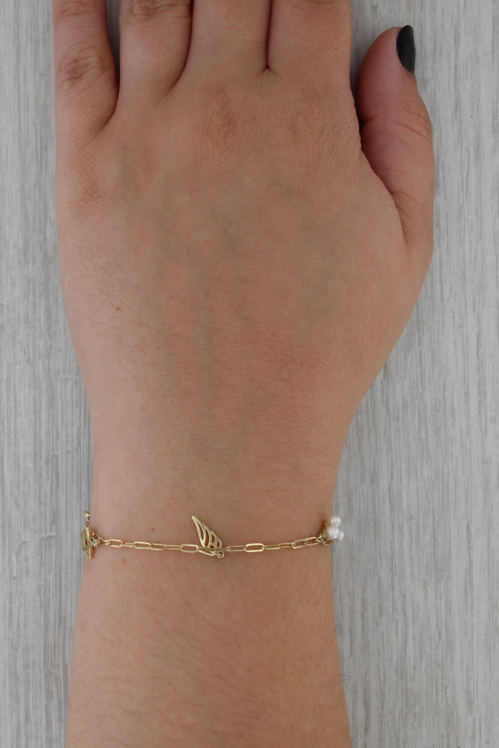 Cubic Zirconia Cultured Pearl Sun Moon Star Wing Charm Bracelet 14k Gold 6.75"