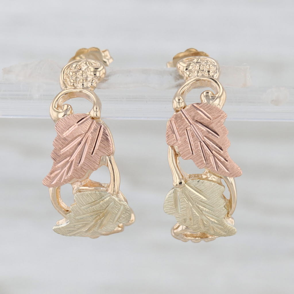 Black Hills Gold Half Hoop Earrings 10k Yellow Green Rose Gold Floral Leaf Motif