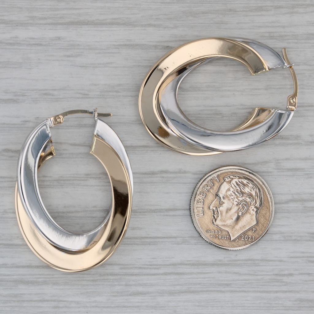 Dark Gray Interlocking Hoop Earrings 14k Yellow White Gold Oval Hoops Snap Top