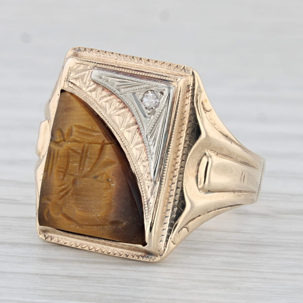 Light Gray Vintage Intaglio Carved Tiger's Eye Ring 10k Gold Diamond Accent Size 9