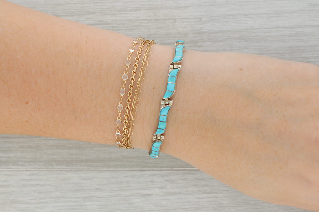 Tan Billy Long Turquoise Mosaic Bracelet Sterling Silver Navajo Native American