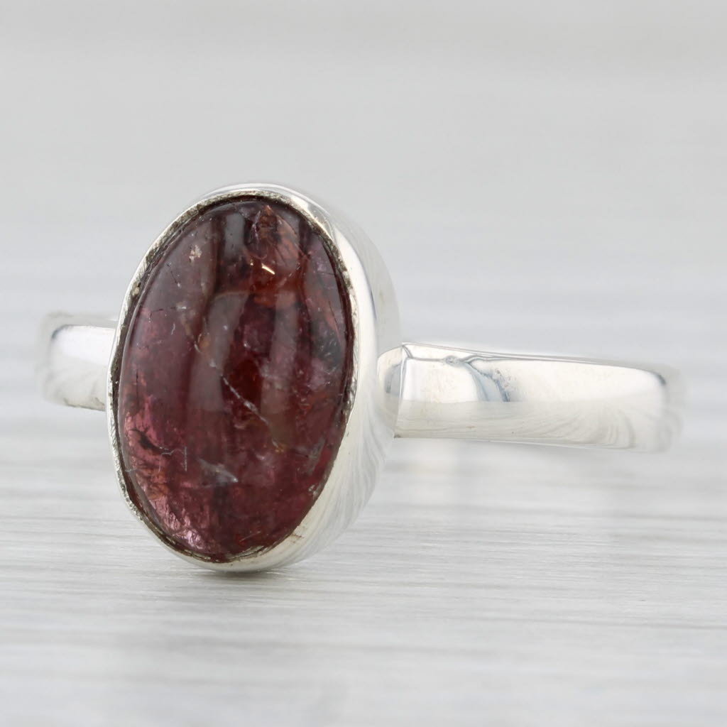 Light Gray Dark Pink Tourmaline Oval Cabochon Solitaire Ring Sterling Silver Size 9.75