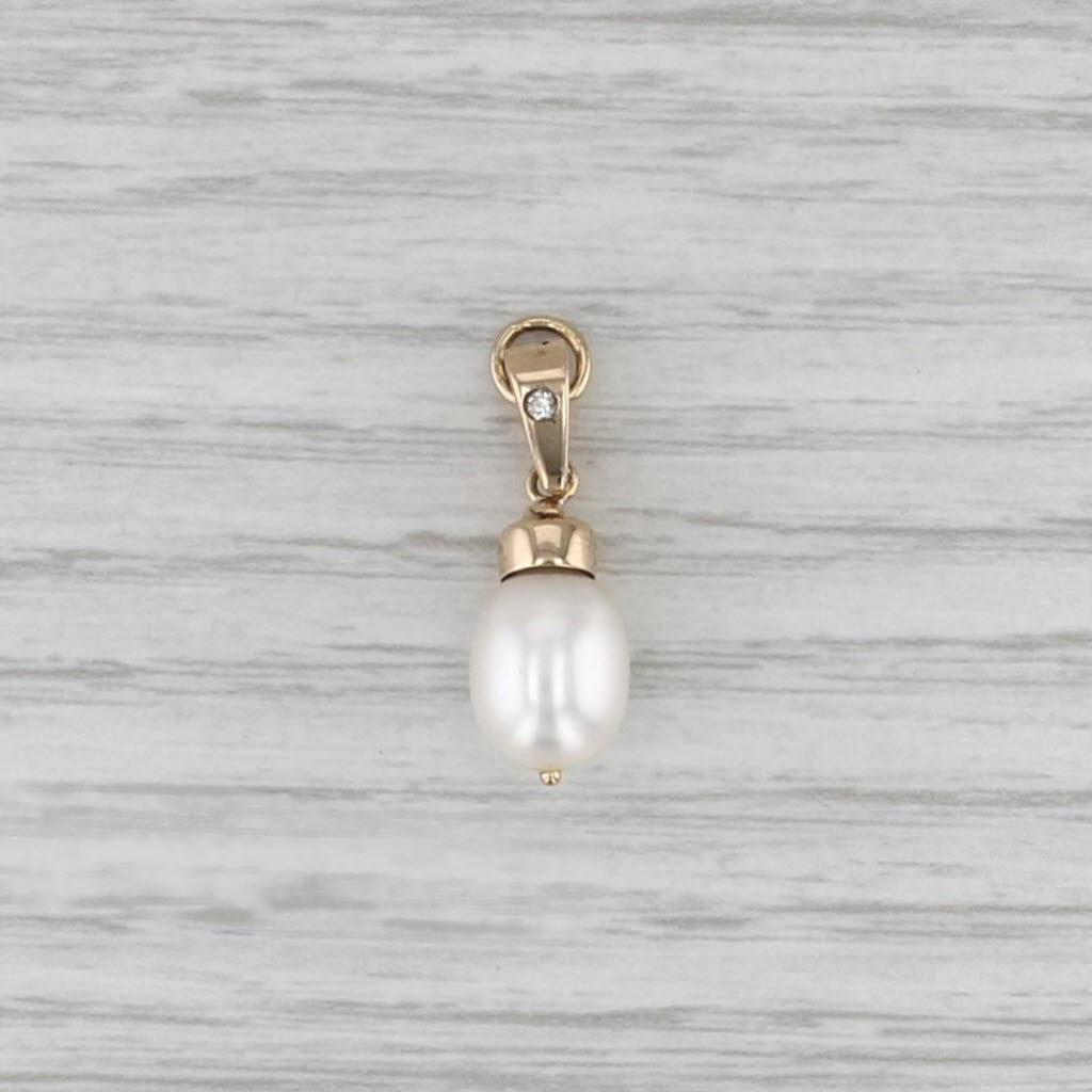 Cultured Pearl and Diamond Pendant 14k Yellow Gold Small Drop