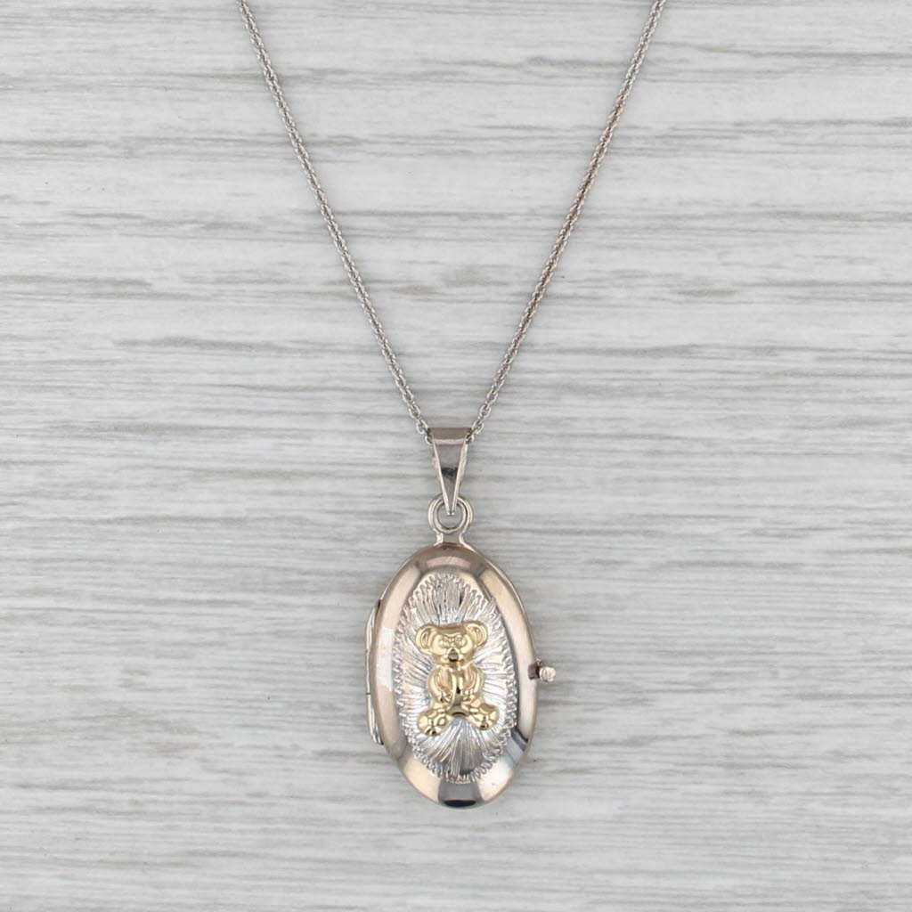 Teddy Bear Locket Pendant Necklace 14k Yellow White Gold 17.25 Cable Chain