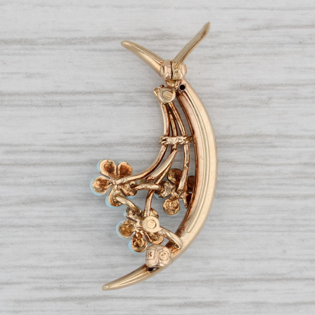 Gray Vintage Floral Crescent Brooch 14k Yellow Gold Enamel Pin