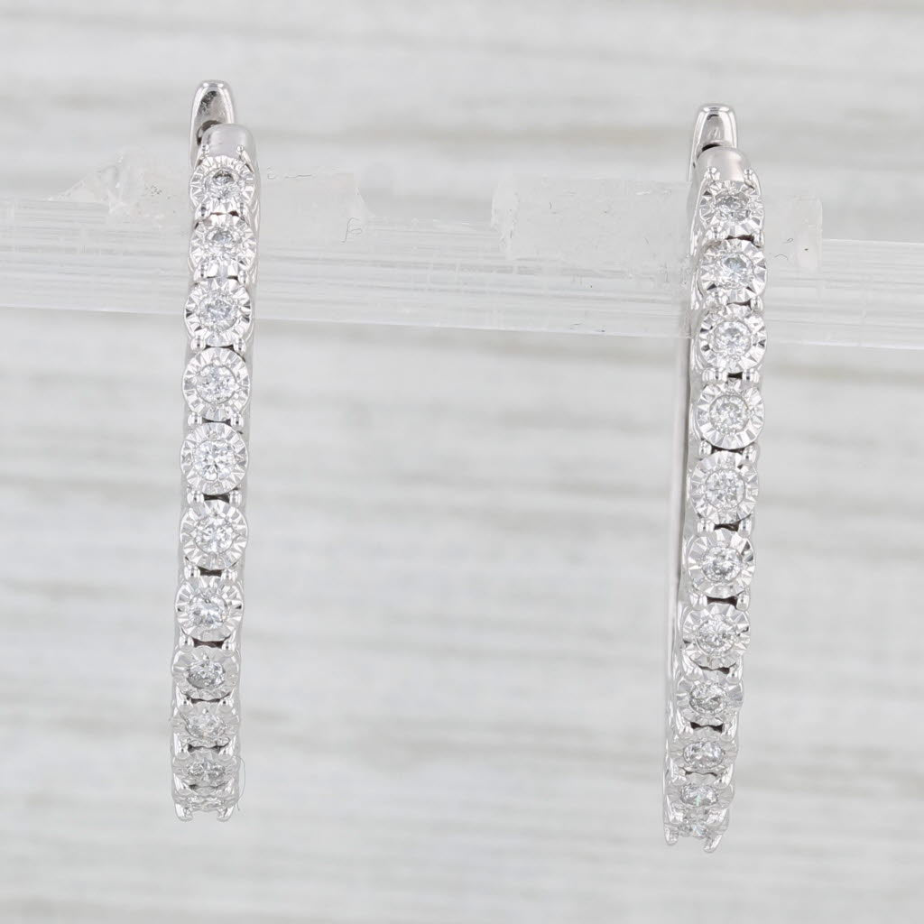 Light Gray 0.16ctw Diamond Hoop Earrings 10k White Gold Hinged Snap Top Round Hoops