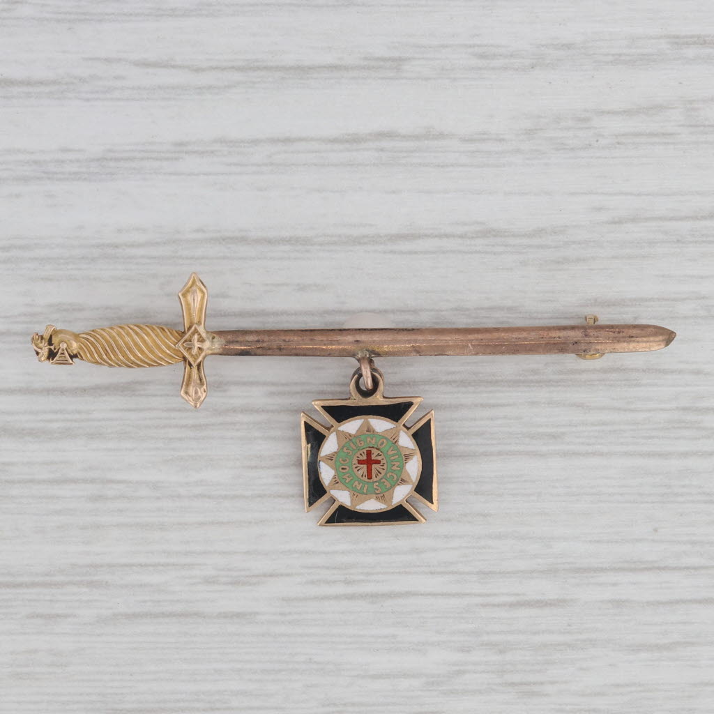 Gray Knights Templar Sword Pin Cross Charm 12k Gold Vintage Masonic York Rite