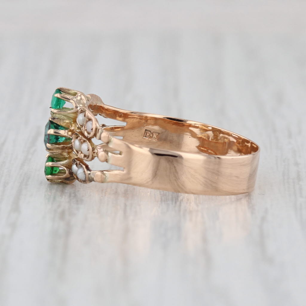 Antique Garnet Green Glass Doublet Imitation Pearl Ring 14k Yellow Gold Size 8.5