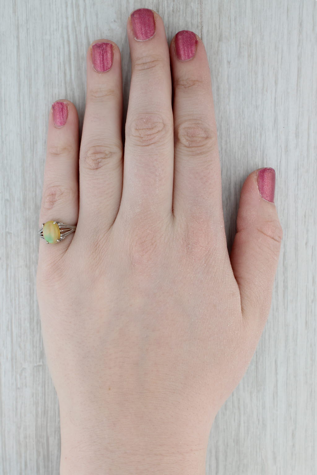 Gray Rainbow Yellow Opal Solitaire Ring 14k White Gold Size 6.25