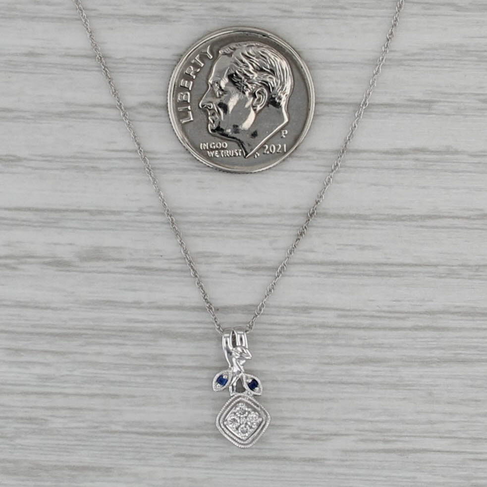 Diamond Sapphire Flower Pendant Necklace 10k White Gold 18.5" Rope Chain