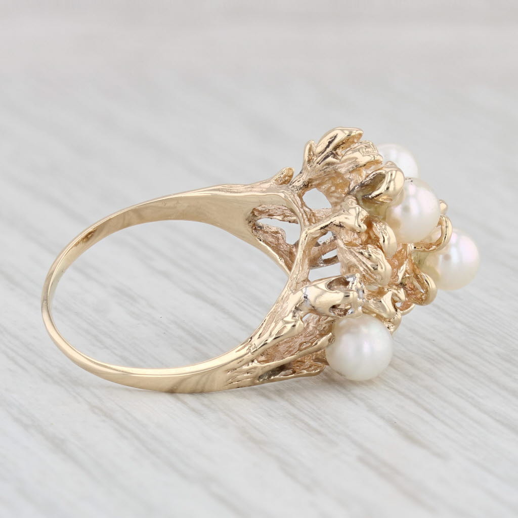 Light Gray Cultured Pearl Cluster Diamond Ring 10k Yellow Gold Size 7.5