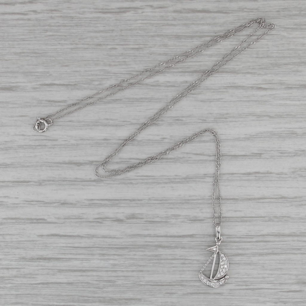 New Diamond Sailboat Pendant Necklace 14k White Gold 18" Singapore Chain