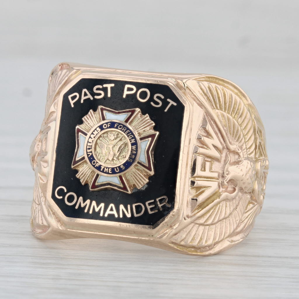 Gray VFW Past Post Commander Cross Signet Ring 10k Gold Veterans Foreign Wars