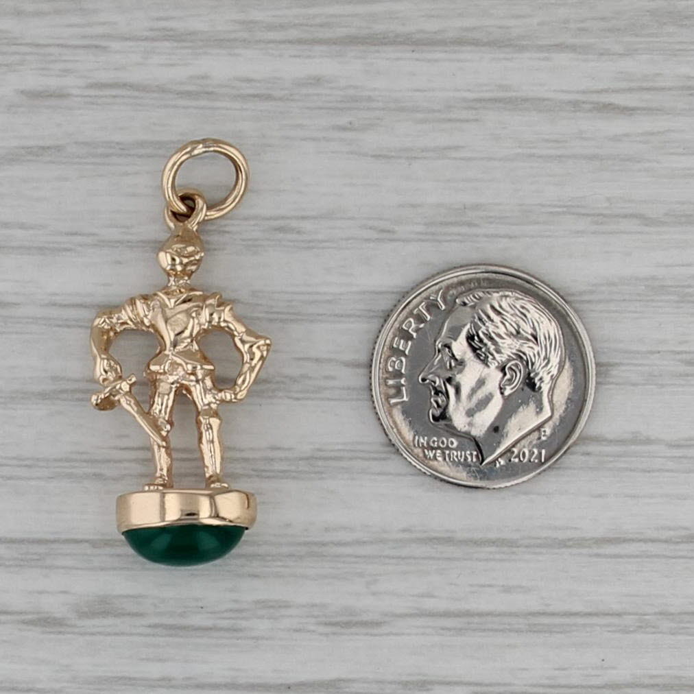 Knight with Sword on Green Chalcedony Charm 14k Yellow Gold Fob Pendant