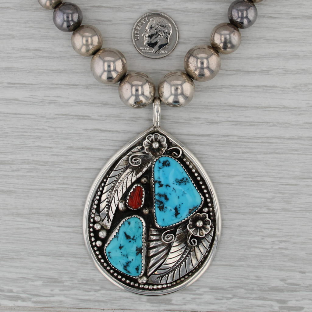 Turquoise Cloral Floral Pendant Bead Necklace Sterling Silver Native American HB