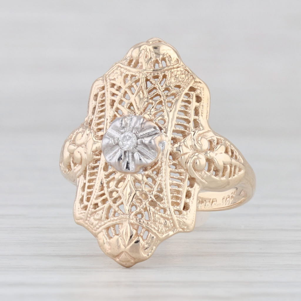 Light Gray Art Deco Diamond Accented Filigree Ring 10k Yellow Gold Size 5.5