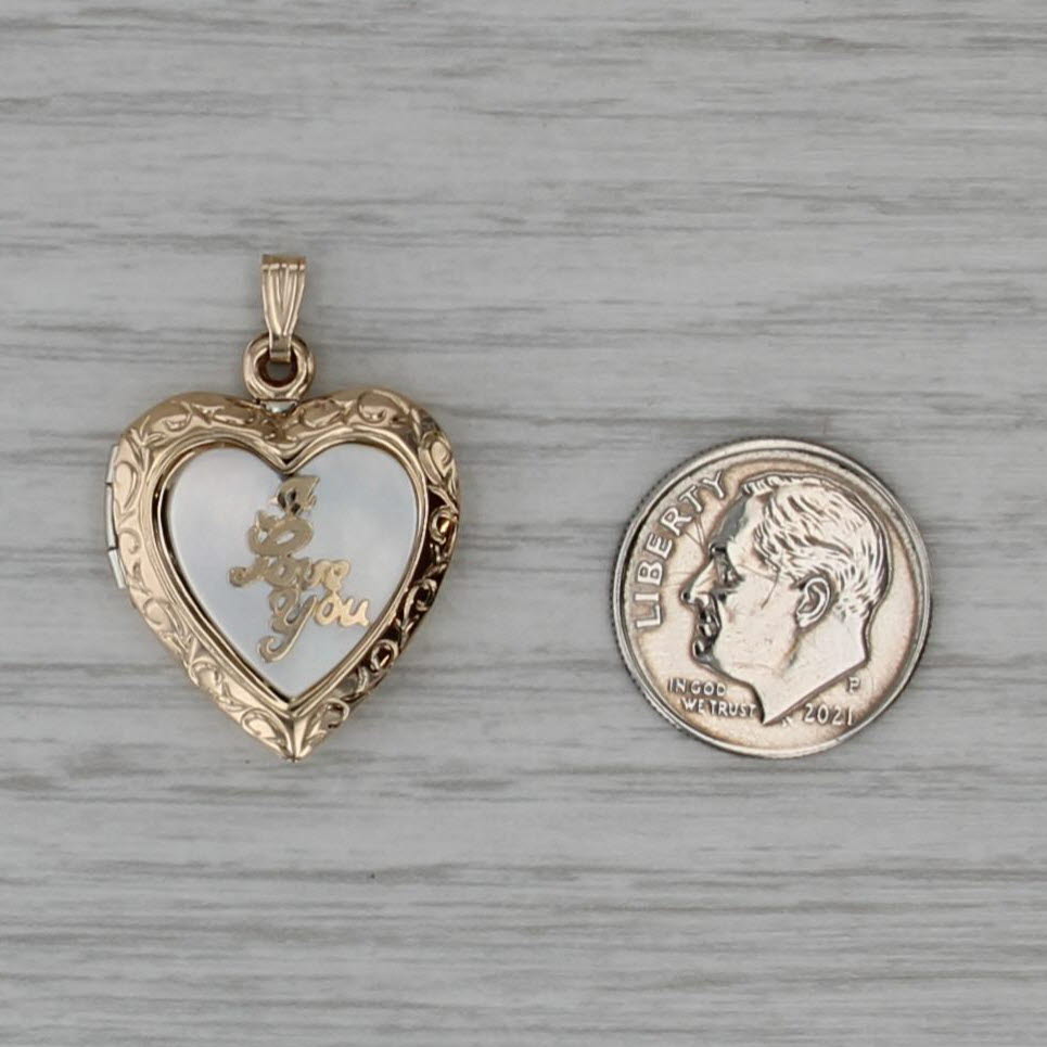 Mother of Pearl "I Love You" Heart Picture Locket Pendant 14k Yellow Gold Opens