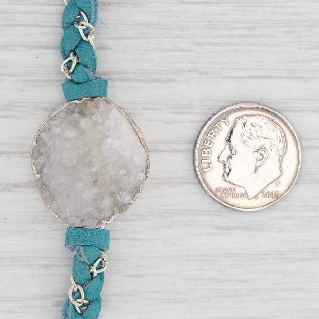 New Nina Wynn Necklace Cordelia Teal Leather White Druzy Quartz Pendant