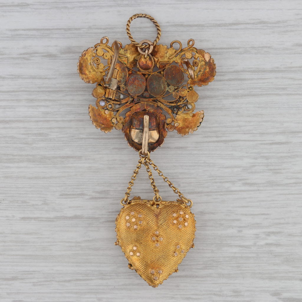 Gray Antique Floral Gemstone Heart Locket Brooch 17k-21k Gold Amethyst Pearl Pin