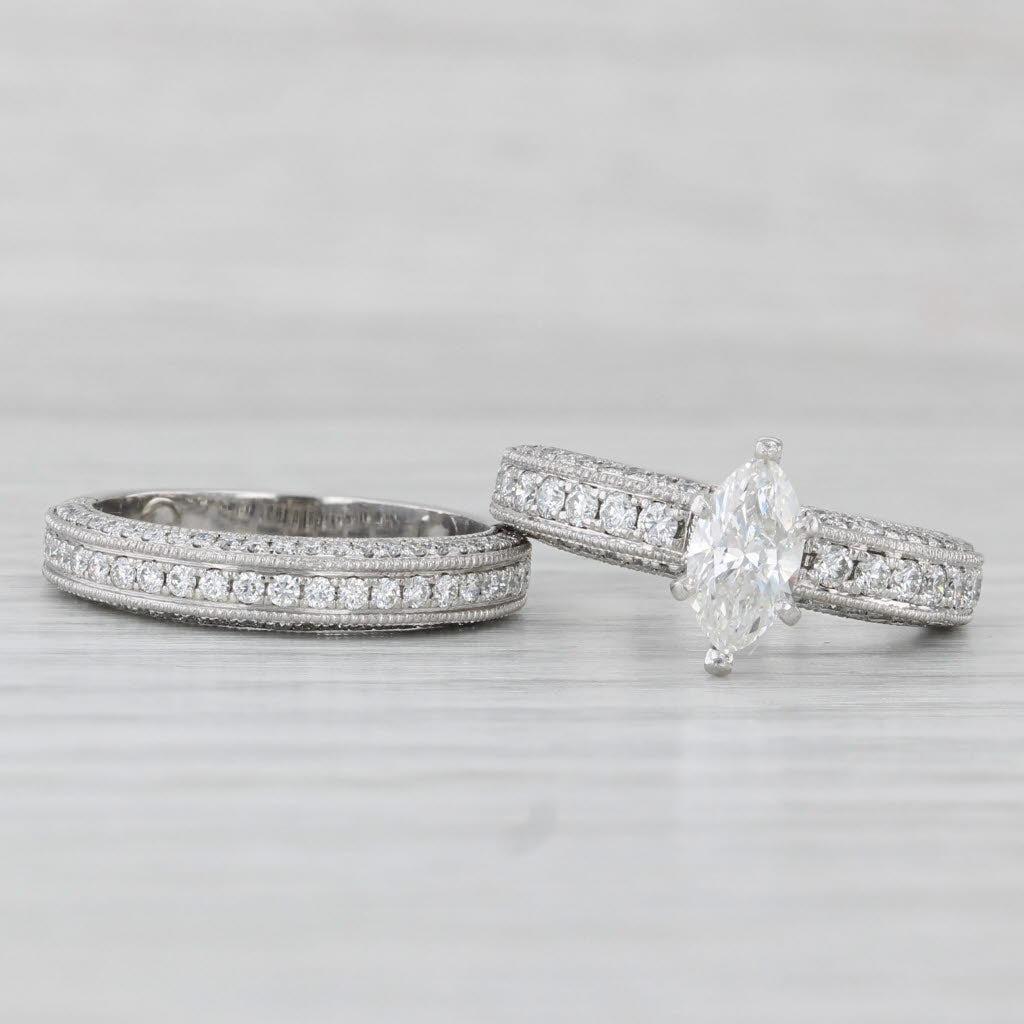 Light Gray Shane & Co Marquise Diamond Engagement Ring Wedding Band Bridal Set Platinum EGL