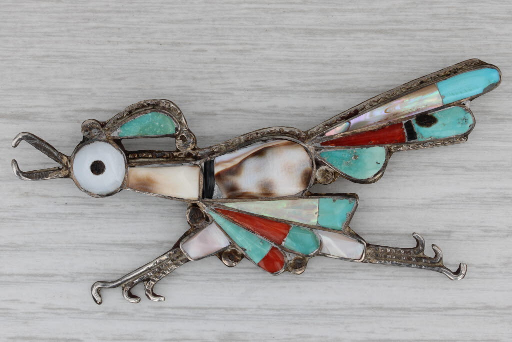 Gray Native American Road Runner Stone Mosaic Vintage Large Brooch Sterling Silver