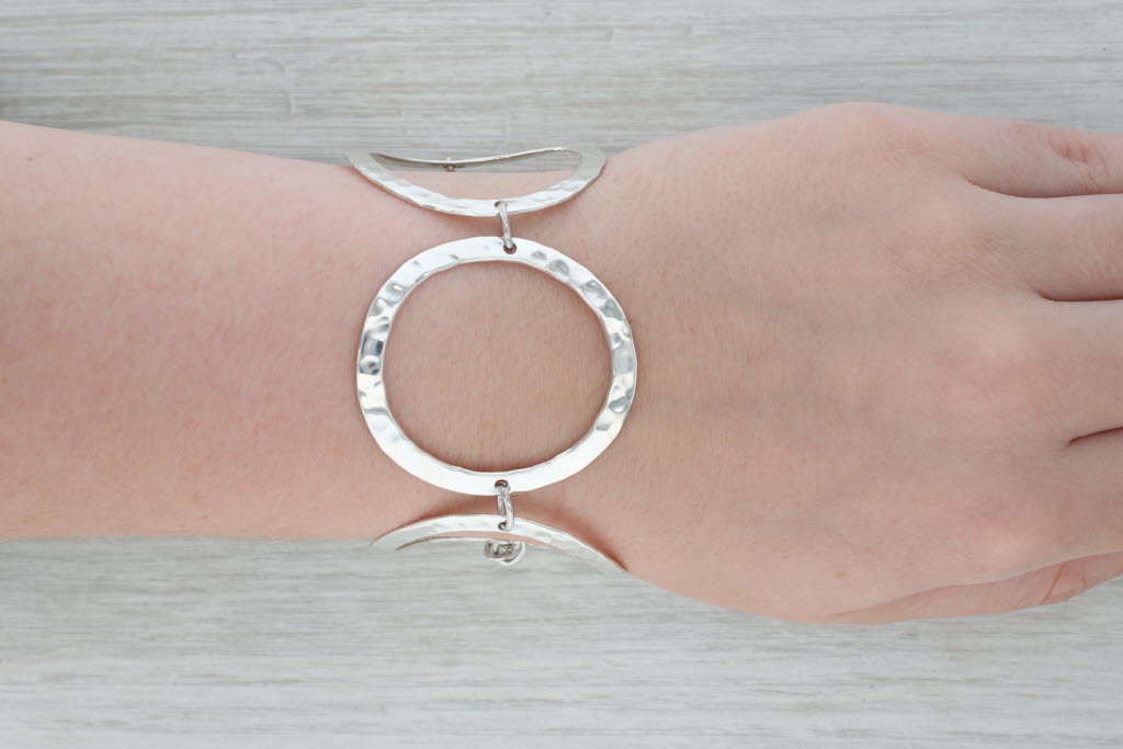 Dark Gray Hammered Large Circle Link Statement Bracelet Sterling Silver 7.25"