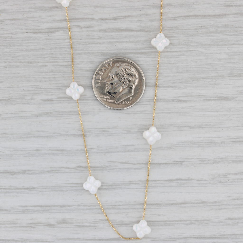 Gray Mother of Pearl Quatrefoil Clover Flower Stations Necklace 18" 14k Yellow Gold