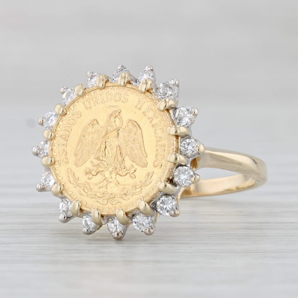 Light Gray 1945 Dos Pesos Coin Ring 0.40ctw Diamond 14k 900 Yellow Gold Size 9 Mexico