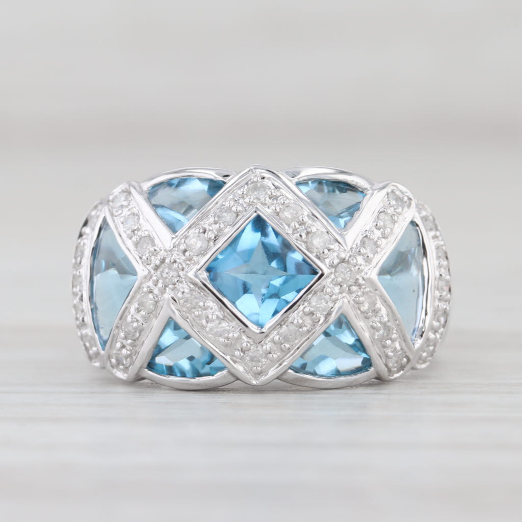 3.19ctw Blue Topaz Diamond Lattice Work Ring 10k White Gold Size 8 Cocktail