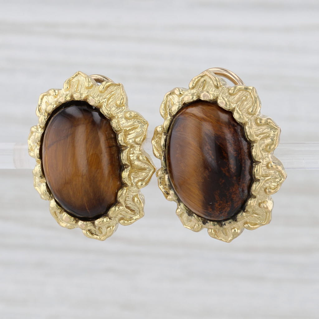 Vintage Tiger's Eye Cabochon Flower Statement Earrings 18k 14k Gold Omega Backs