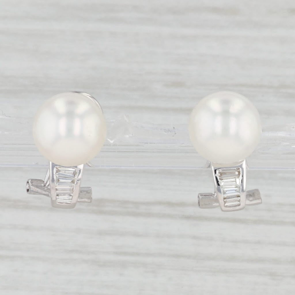 Light Gray Cultured Saltwater Pearl Diamond Earrings 14k White Gold Pierced Omega Backs