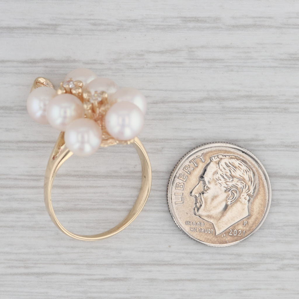 Gray Cultured Pearl Cluster Diamond Ring 10k Yellow Gold Size 8 Floral