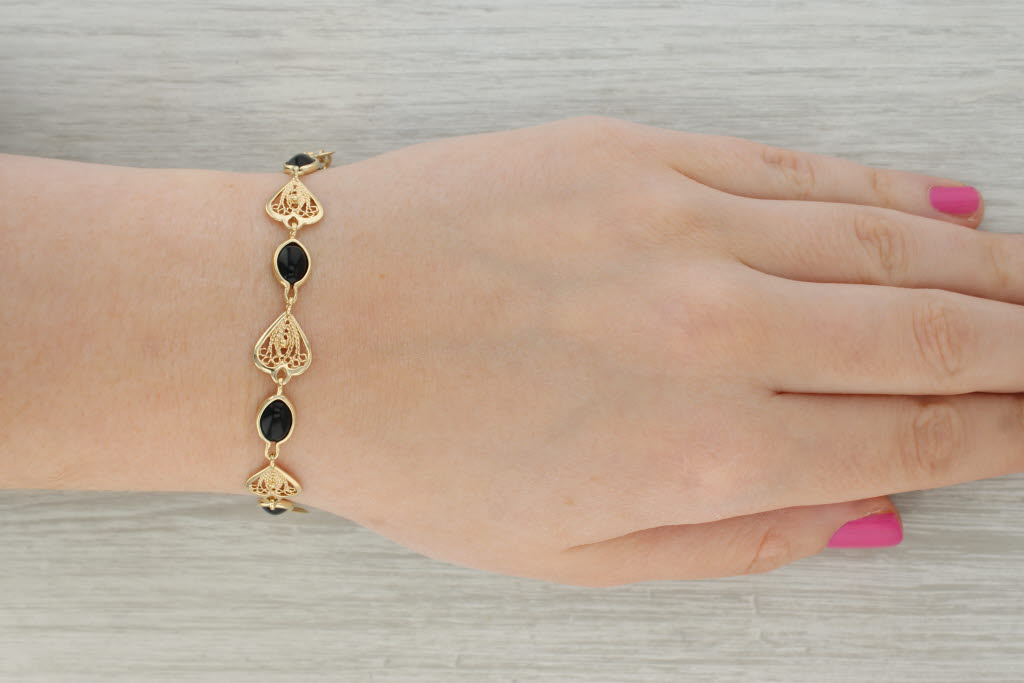 Tan Onyx Filigree Link Bracelet 14k Yellow Gold 7" 10.7mm