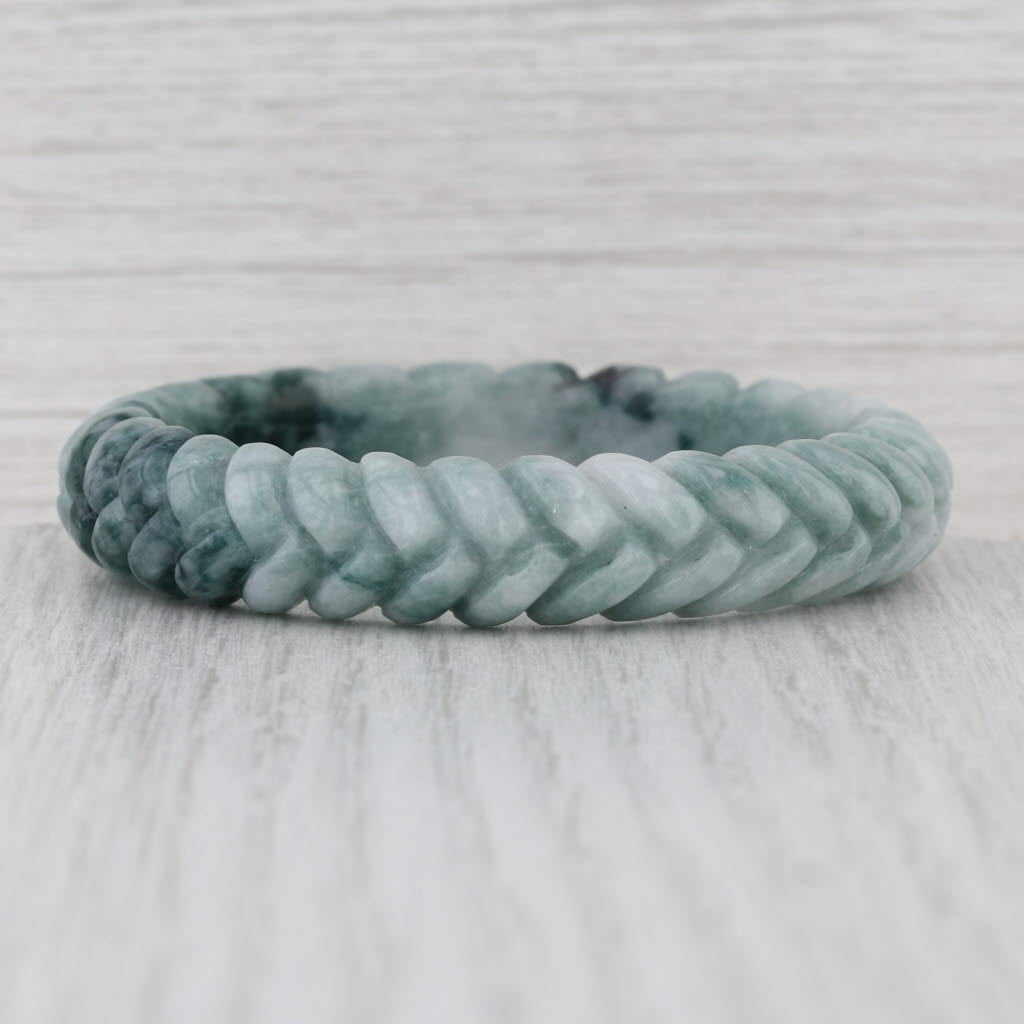 Marbled Green Braid Carved Jadeite Jade Bangle Bracelet 7” 12.8mm Stackable